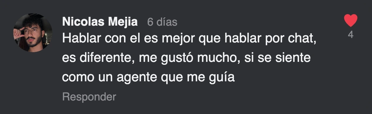 Comentario de Nicolás Mejía en Instagram sobre SacroSlides: «Hablar con él es mejor que hablar por chat, es diferente, me gustó mucho, sí se siente como un agente que me guía».